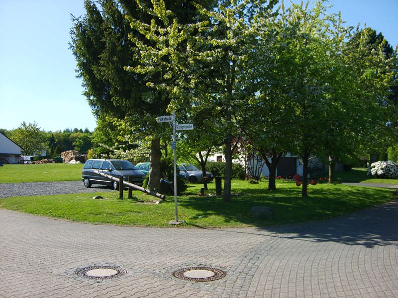 Dorfplatz mit Straßenschild, parkenden Autos, Bäumen und Grünfläche unter blauem Himmel